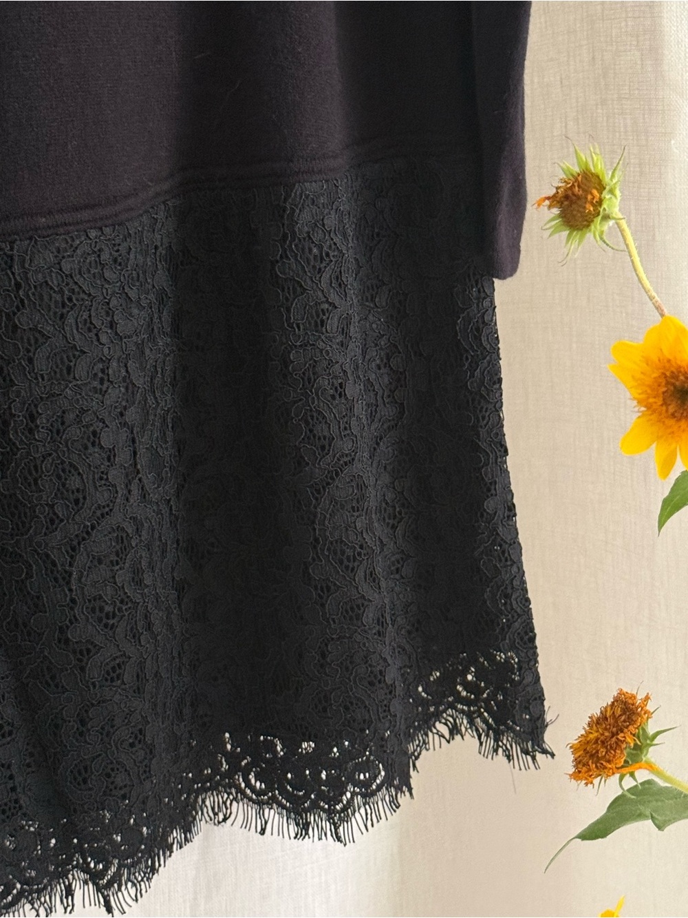NWT LOFT Tunic Sweater Womens Large Black Lace Hem 3/4 Sleeve Cotton Knit Trim - Picture 3 of 12